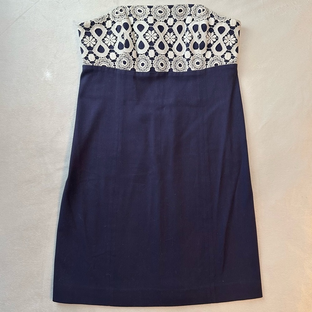 Lilly Pulitzer Bowen Navy Blue Lace Applique Strapless Pleated Mini Dress 8